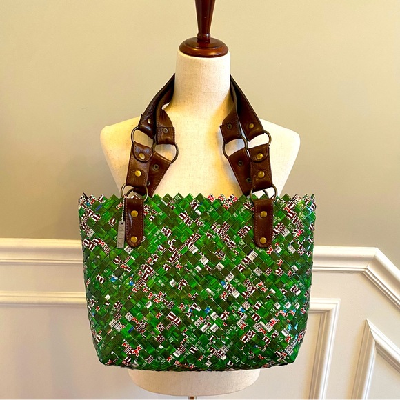 Mitz M&M Wrapper Woven Zip Tote with Leather Straps Size L - Picture 2 of 8